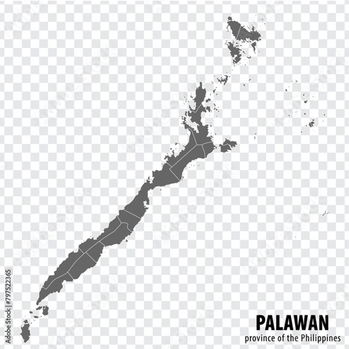 Blank map Palawan of Philippines. High quality map Province of Palawan with districts on transparent background for your web site design, logo, app, UI.  Republic of the Philippines.  EPS10. photo