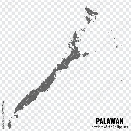 Blank map Palawan of Philippines. High quality map Province of Palawan with districts on transparent background for your web site design, logo, app, UI.  Republic of the Philippines.  EPS10.