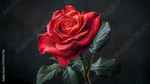 A single red rose against a black background, highlighting its elegance and allure