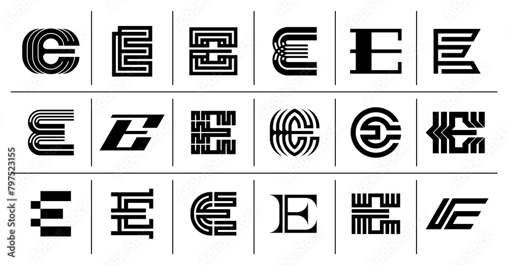 Modern abstract shape letter E logo design set Modern abstract shape letter E logo design set
