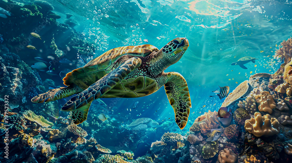 Fototapeta premium A serene underwater scene depicting turtles near a vibrant reef, promoting sun safety and ecofriendly outdoor practices