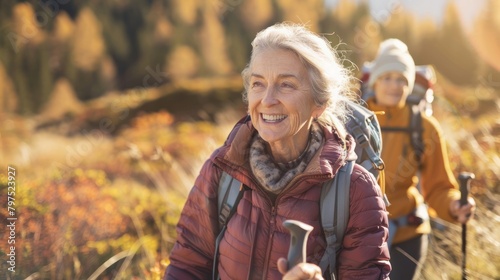 Happy woman with trekking poles hiking with active senior mother outdoors in nature. Family travel concept. photo