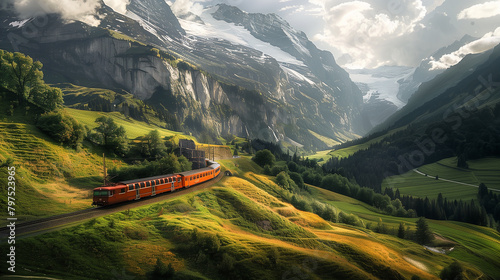 a scenic train journey winding through majestic mountains and verdant valleys, showcasing the beauty of railway travel. 