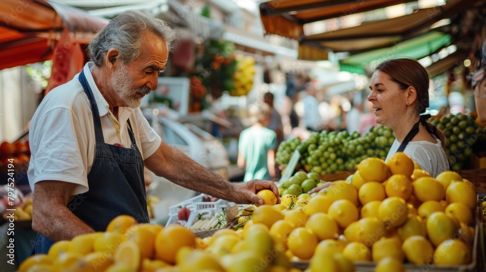 Male vendor wearing apron while selling lemons at market.