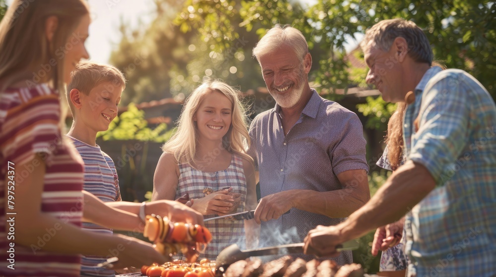 Happy multigenerational family outdoors on garden barbecue, grilling, Activity on holiday at backyard. Happy multigenerational family outdoors on garden barbecue, grilling, Activity on holiday at backyard.