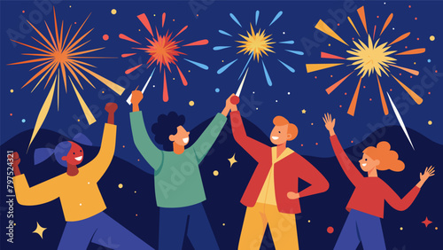 As each firework explodes the crew cheers and celebrates their successful setup watching as the sparks dance and twirl creating a breathtaking. Vector illustration