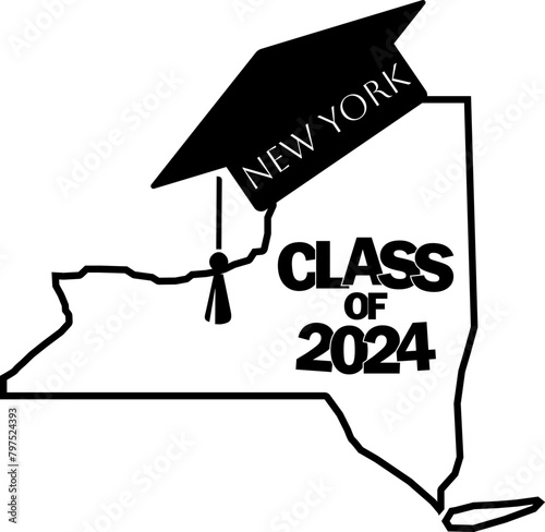 Class of 2024 graduation vector design New York state silhouette.