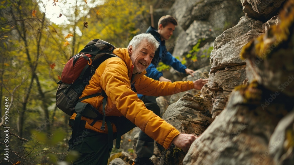 Senior man with instructor climbing rocks outdoors in nature, Active lifestyle after retirement.