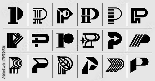 Flat line abstract letter P logo template set