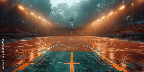 An isolated basketball court on asphalt in a forest at night