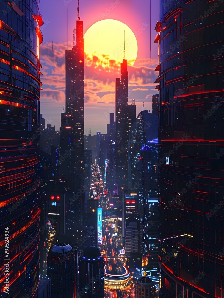Futuristic Cityscape at Dusk Illuminated by a Massive Artificial Sun