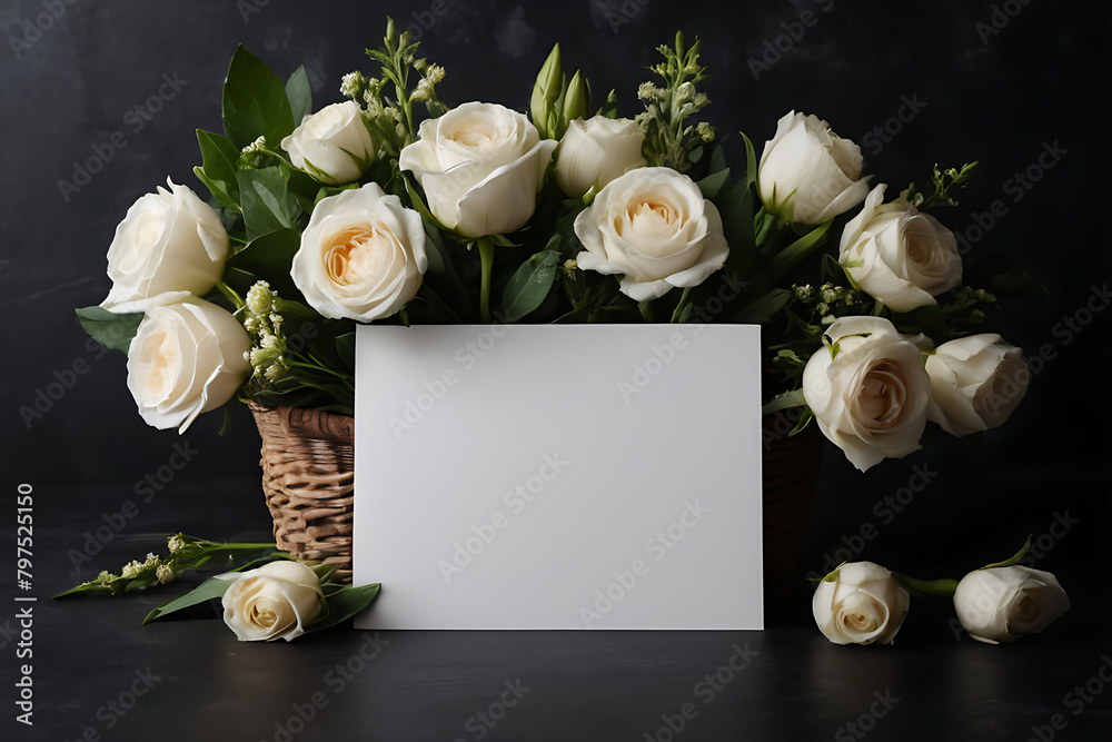 White blank condolence card with fresh flowers on the dark background. Empty place for a text