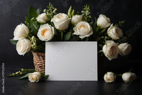 Obraz na płótnie White blank condolence card with fresh flowers on the dark background. Empty place for a text w salonie