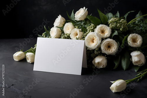 White blank condolence card with fresh flowers on the dark background. Empty place for a text