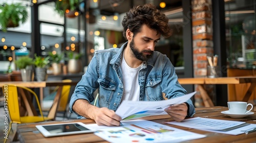 Focused Freelance Entrepreneur Analyzing Business Data at Cafe Workspace