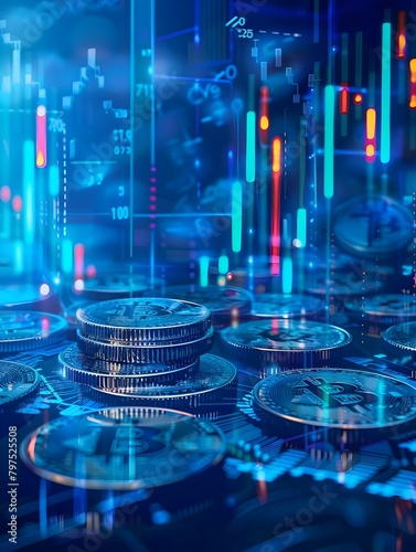 Blue Financial Concept Design with Stacked Coins and Candlestick Charts illustrating Online Trading and Business Growth photo