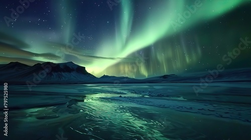 Spectacular digital artwork of Northern Lights illuminating a dark mountainous landscape with a mystic glow