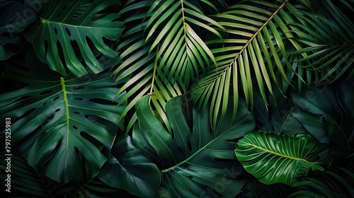 Lush green palm leaves creating a vibrant tropical texture  perfect for a natural background