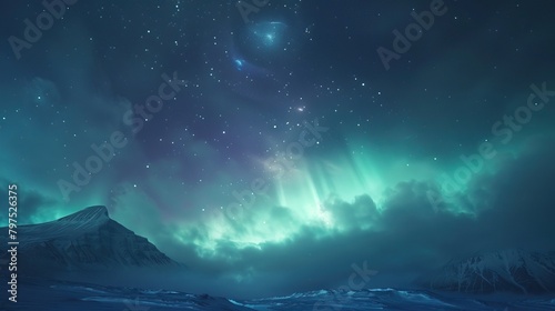 Spectacular digital artwork of Northern Lights illuminating a dark mountainous landscape with a mystic glow