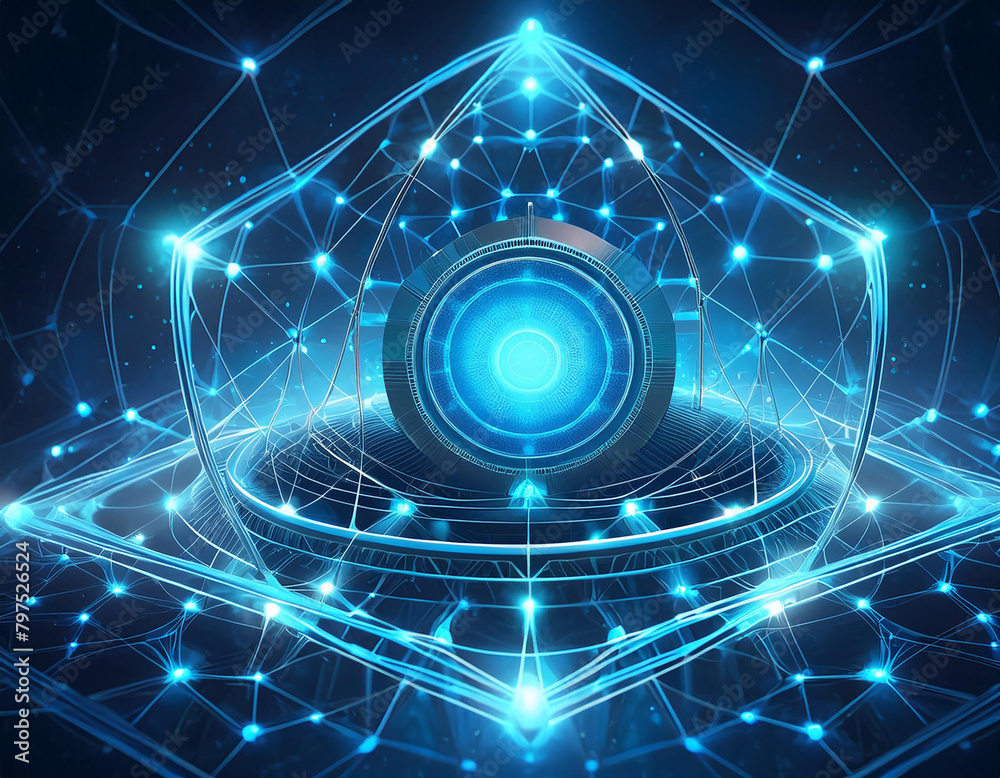 Obraz premium Futuristic blue-hued nanotech concept with glowing lattice-like structures, symbolizing biotechnology advances and singularity.