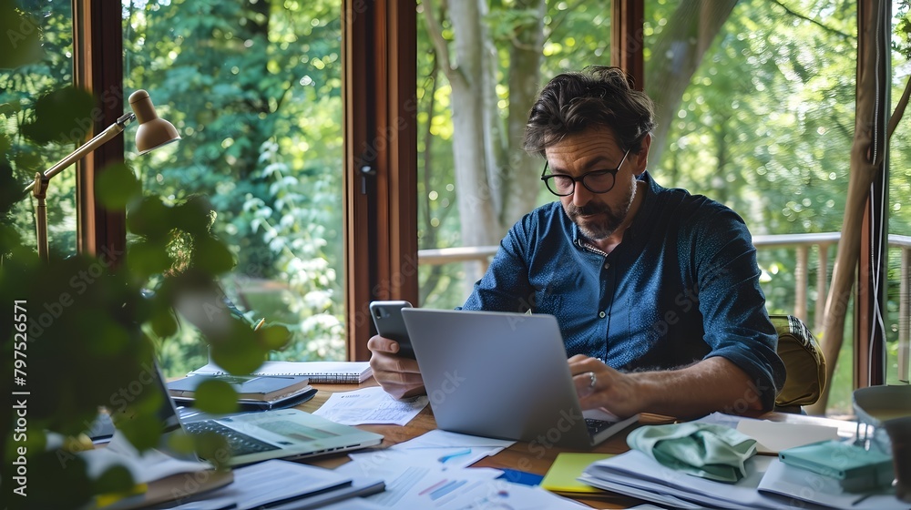 Business Professional Contemplating Strategy on Digital Devices in Modern Office Surrounded by Nature Business Professional Contemplating Strategy on Digital Devices in Modern Office Surrounded by Nature