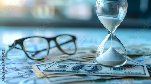 Hourglass and Eyeglasses on Table Modern Financial Services Advertising