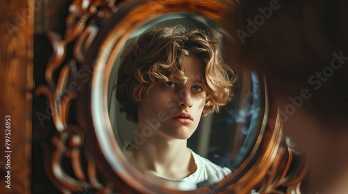 A young individual looking at their reflection in a mirror, capturing a moment of introspection