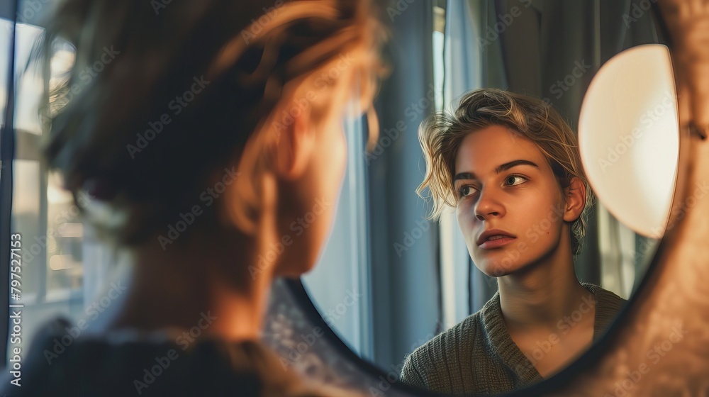 A young individual looking at their reflection in a mirror, capturing a moment of introspection A young individual looking at their reflection in a mirror, capturing a moment of introspection