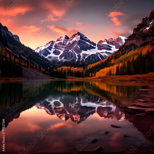maroon bells lake during sunrise mountains reflectingon calm water warm photo