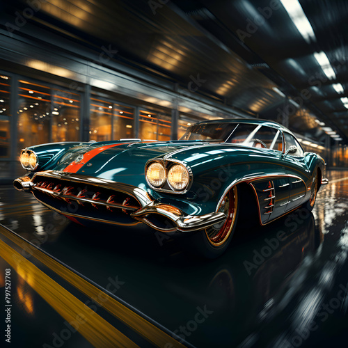 Vintage car on the road at night. 3D rendering.