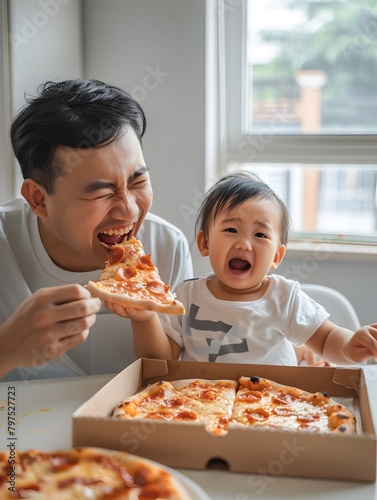 Modern Family Life An Asian Father and Daughter Sharing a Pizza Meal with Joy and Warmth