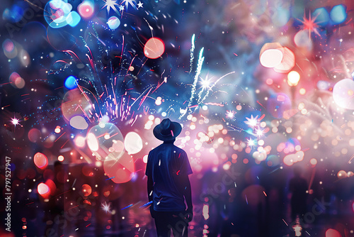 horizontal image of a man silhouette in front of a colourful glowing fireworks show