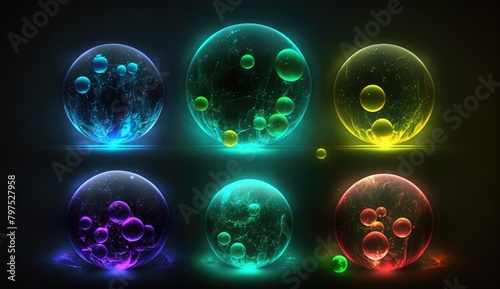 A closeup series of glowing orbs, each with a different neon color, floating in a dark, misty atmosphere, AI Generative