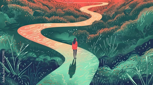 A person at a crossroads on a path splitting into two through diverse landscapes, symbolizing choice and decision in life’s journey