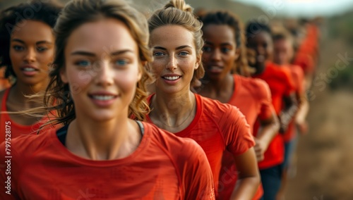 A happy team of women in red shirts is running together in a line