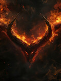 Horns glowing ominously in the dark, fiery abyss, hyper realistic, low noise, low texture