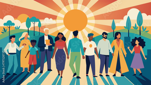 The sun shone bright as community leaders from all backgrounds walked together unwavering in their commitment to justice and equality.. Vector illustration