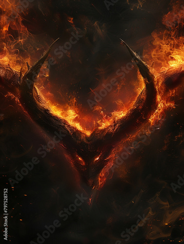 Horns glowing ominously in the dark, fiery abyss, hyper realistic, low noise, low texture photo