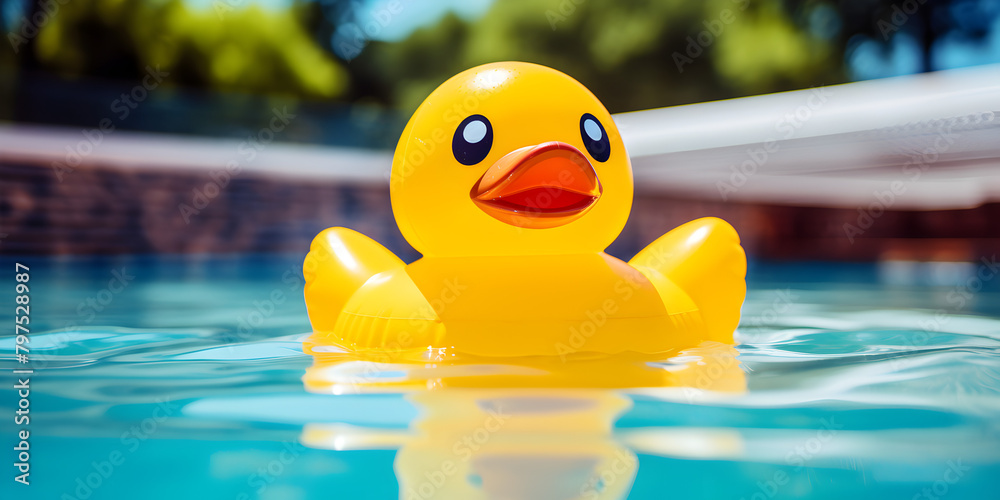 Rubber duck floating in the swimming pool. Camera closing up a cute yellow toy, A blue pool water holds a yellow duckling shaped inflatable float made of rubber, GENERATIVE AI
Rubber duck floating in the swimming pool. Camera closing up a cute yellow toy, A blue pool water holds a yellow duckling shaped inflatable float made of rubber, GENERATIVE AI