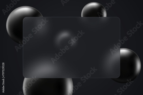 Rectangular transparent banner in glass morphism style. Realistic glass morphism effect on a dark background with black spheres.