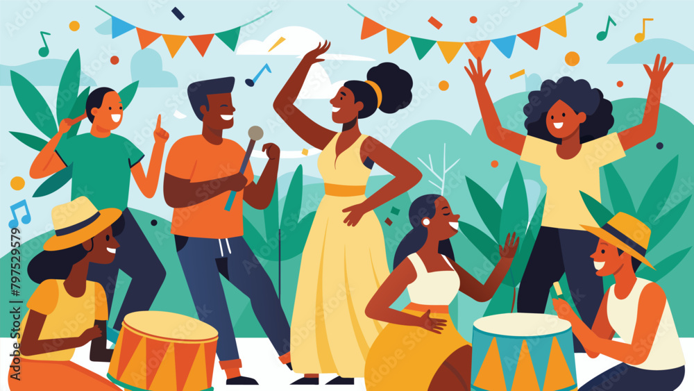 The warm summer breeze carries the sound of live drums and tets as the community gathers for a Juneteenth dance party honoring the diversity and. Vector illustration The warm summer breeze carries the sound of live drums and tets as the community gathers for a Juneteenth dance party honoring the diversity and. Vector illustration
