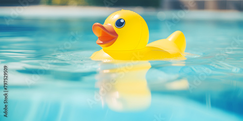 Rubber duck in blue water, Close up view of a yellow rubber duck floating in water in an outdoor swimming pool, GENERATIVE AI
