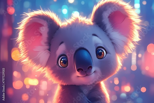 Cute cartoon koala with colorful city lights in the background