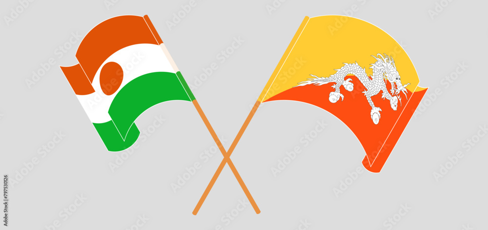 Crossed and waving flags of Niger and Bhutan Crossed and waving flags of Niger and Bhutan