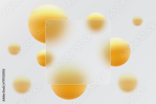 Glass morphism banner template. Transparent square made of clear glass with blur effect. Morphism of spheres of abstract art.