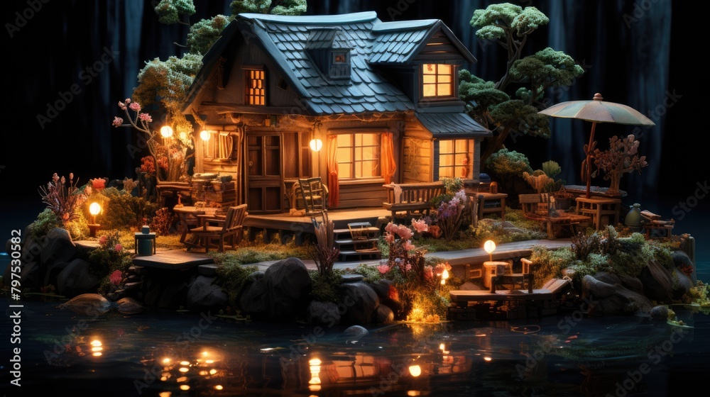 a portrait small miniature house lit up in the darkness in the style of exotic fantasy landscapes