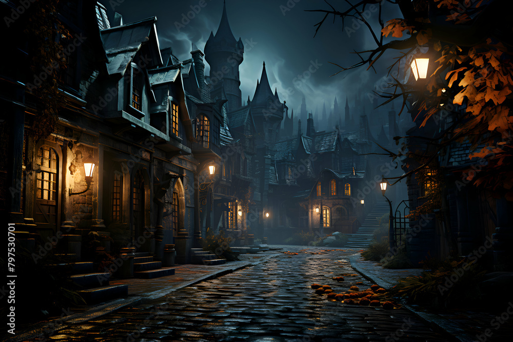 Halloween background with haunted castle and street lamps. 3d rendering