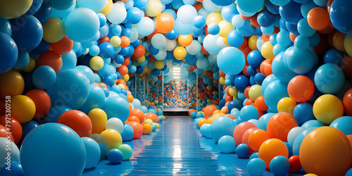 Colourful balloons  decorated in the room, Balloons party, A room full of balloons, generative AI
