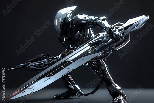 The cyborg knight's weapon is a sleek, futuristic blend of steel and advanced technology, hyper realistic, low noise, low texture photo