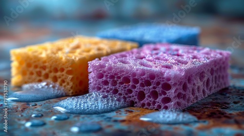 Sponges for washing dishes and other household chores. Yellow sponge lies between purple and blue sponges. photo